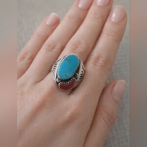 Zuni Ring .925 Silver Natural Turquoise & Coral Native American Artist C.1980's